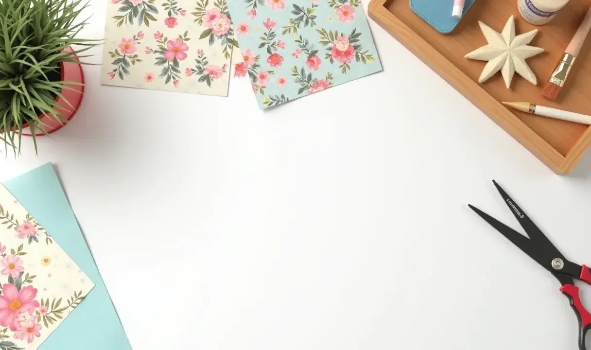 Materiały do decoupage krok po kroku: papiery z kwiatami, nożyczki, pędzel, klej i ozdobna gwiazdka.