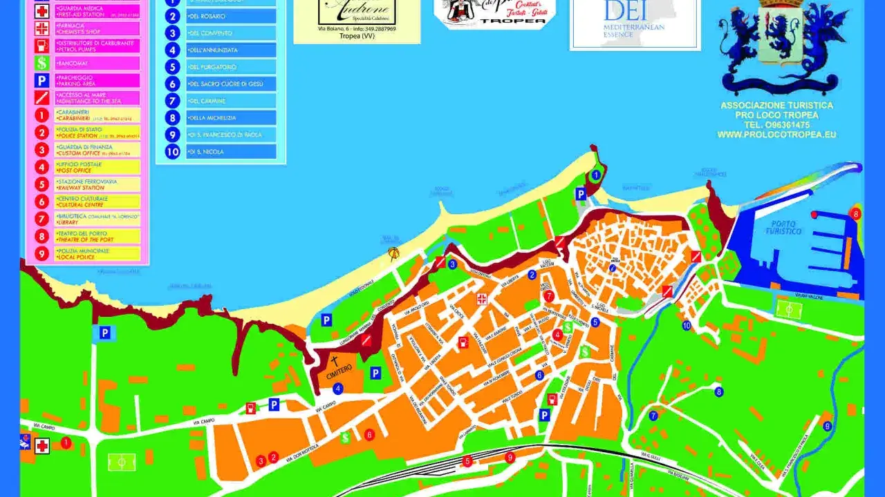 Mappa di Vibo Valentia Tropea con indicazioni per servizi pubblici, chiese, ristoranti e porto turistico.