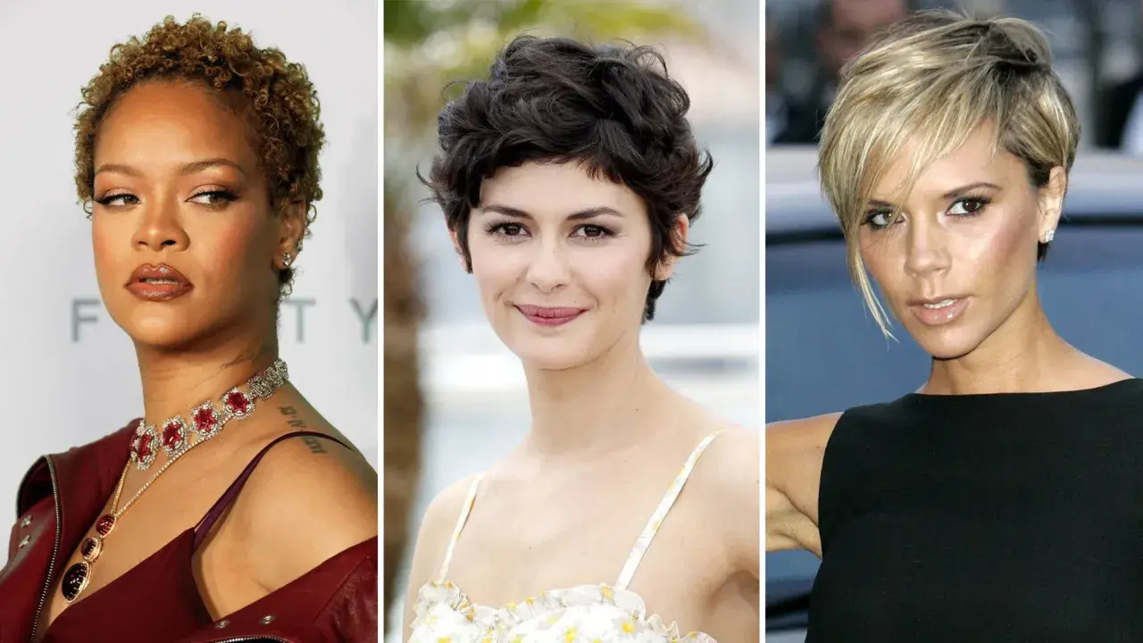 Tres mujeres con un corte pixie medio: Rihanna con rizos rubios, Audrey Tautou con pelo oscuro y ondulado, y Victoria Beckham con un rubio asimétrico.