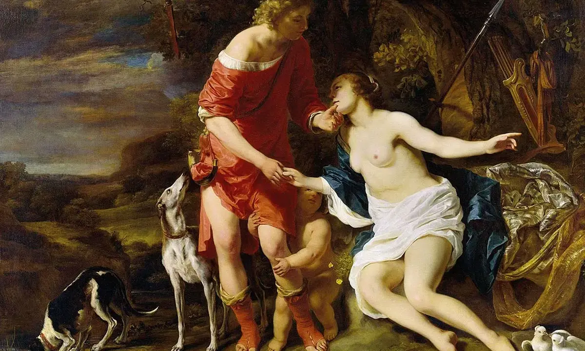 Piękny Adonis, w otoczeniu psów i amorka, żegna się z ukochaną.