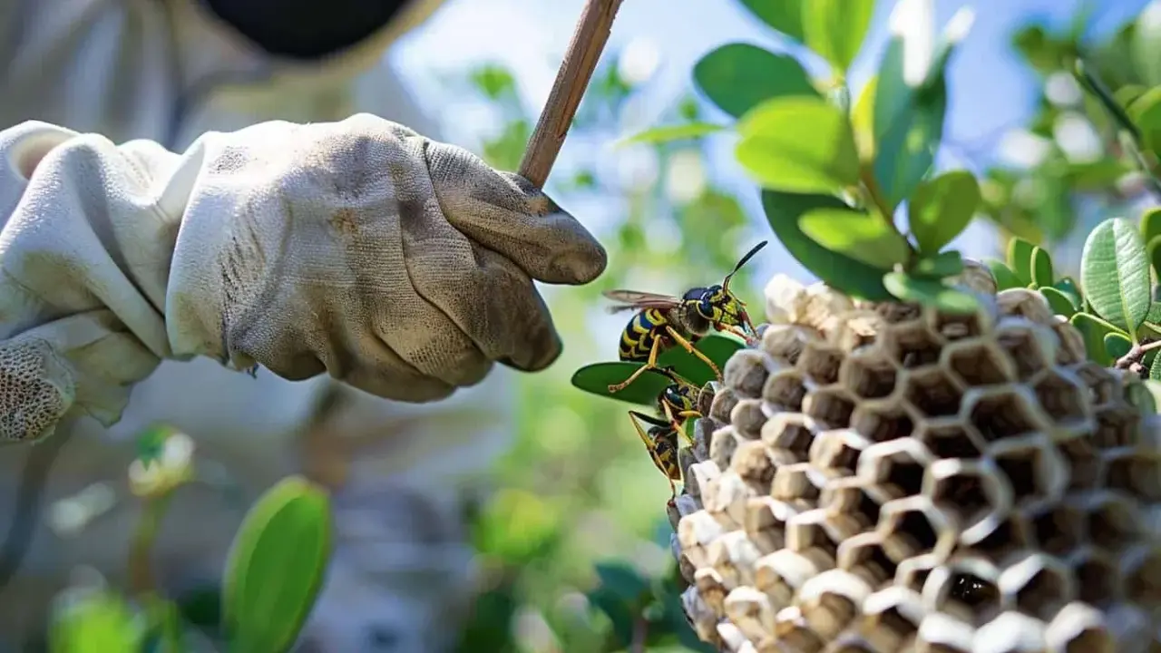 Gant de protection et bâton s'approchent d'un bourdon nid sur une branche. Les guêpes sont actives.