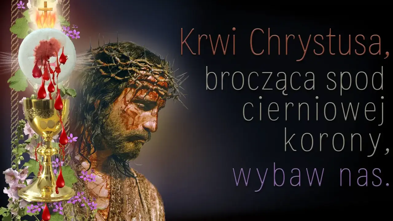 Obraz przedstawia cierniem ukoronowanego Jezusa, kielich z krwią i napis "Krwi Chrystusa, brocząca spod cierniowej korony, wybaw nas". Symbolizuje akt zawierzenia Jezusowi.