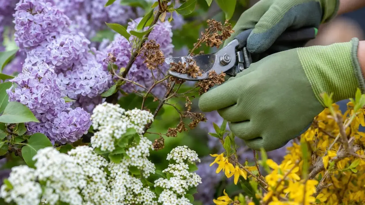 Mains gantées taillant des fleurs fanées sur des arbustes en fleurs. C'est le moment idéal pour savoir quand tailler les arbustes à fleurs.