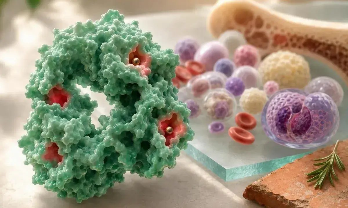 Struttura molecolare verde con centri rossi e dorati, circondata da globuli rossi e cellule, suggerisce saturazione della transferrina bassa.