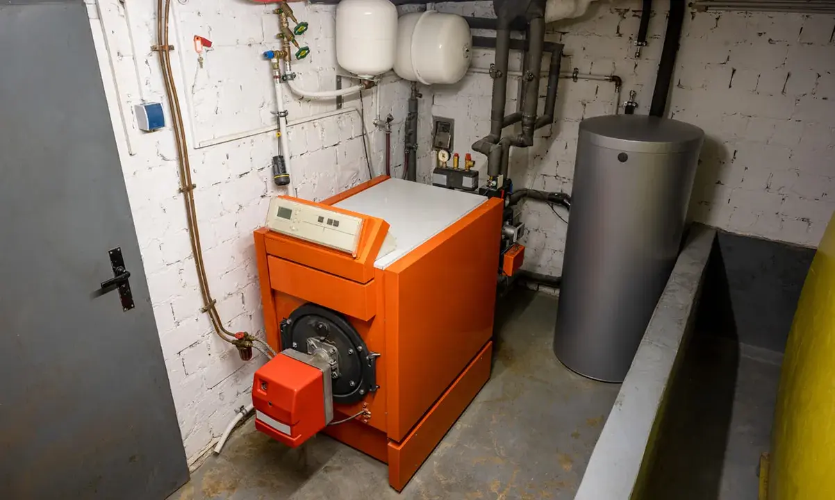 Chaudière orange vif, réservoir d'eau gris et tuyaux dans une chaufferie. Le système de chauffage fioul est prêt pour l'hiver.