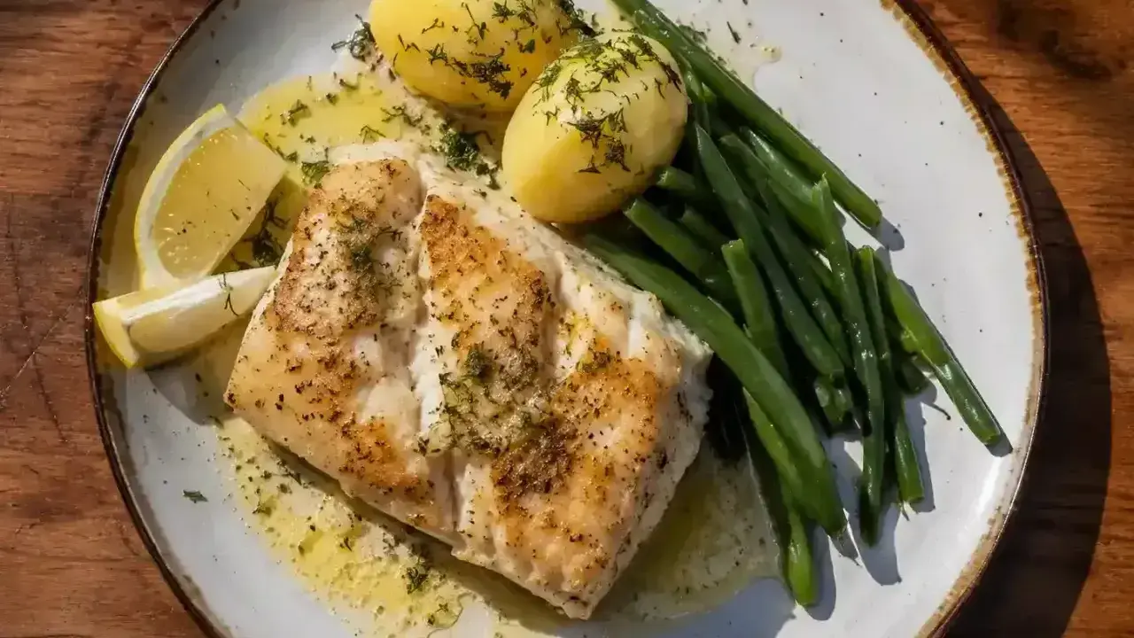 En tallrik med saftig torskrygg, kokt potatis, gröna bönor och citronklyftor. Perfekt för ett enkelt torskrygg recept.