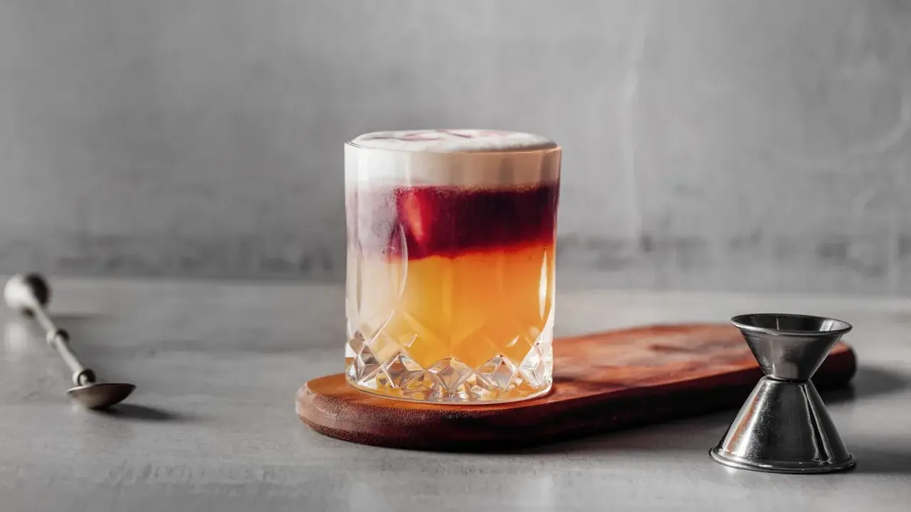 Ein New York Sour mit schichtweisem Rotwein, Whiskey und Schaum. Daneben ein Jigger und ein Barlöffel.