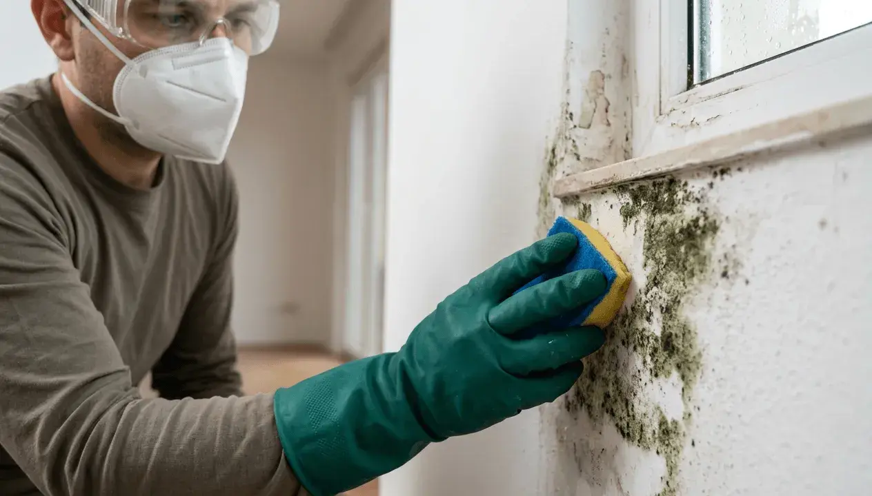 Hombre con mascarilla y guantes verdes limpiando moho de la pared con una esponja. Aprende como quitar el moho de la pared.
