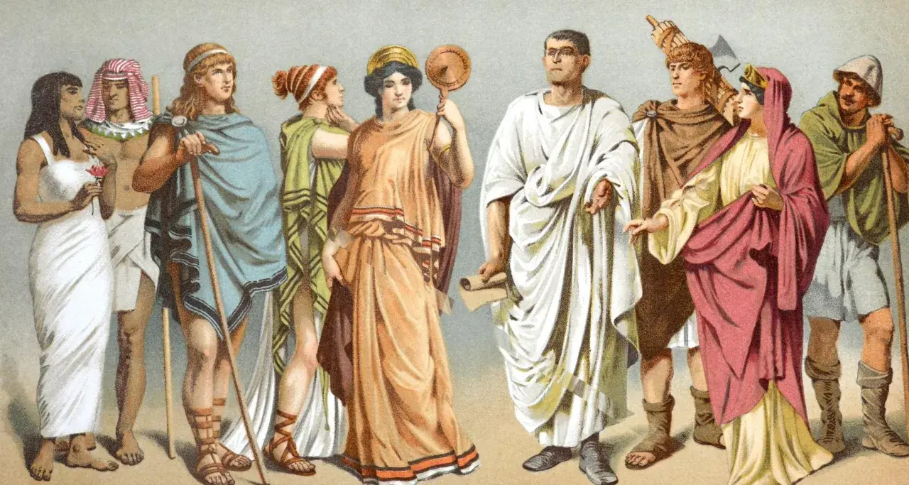 Bunte Darstellung von Frauen und Männern in antiken Gewändern, die an eine Szene mit Frauen im alten Rom erinnert.