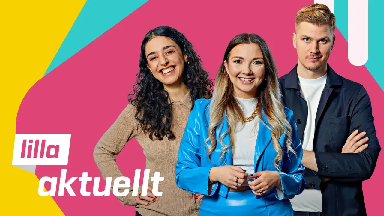 Tre glada programledare för Lilla Aktuellt Skola 2026.
