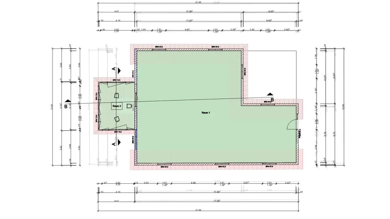 Grundriss eines Gartenhauses mit Raum 1 und Raum 3. Der Plan zeigt Maße und Details, um das Gartenhaus plan zeichnen zu können.