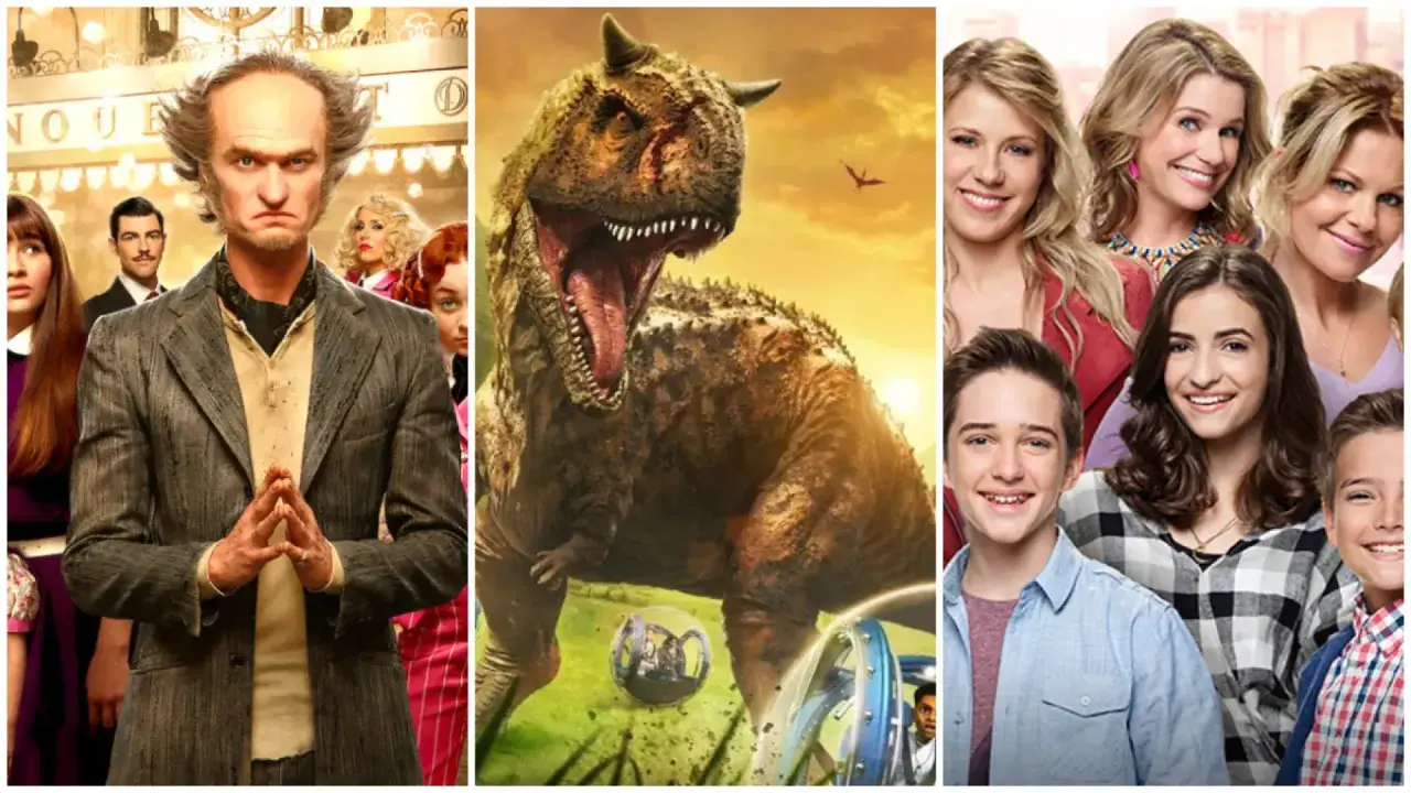 Montaje de series para niños de 10 a 12 años: un villano siniestro, un dinosaurio rugiente y un grupo de sonrientes adolescentes.
