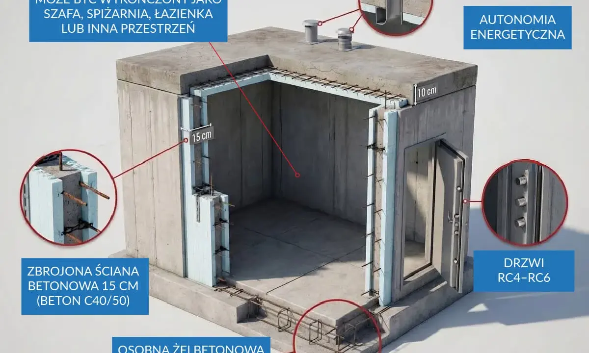 Schemat pokazuje, jak zbudować schron z żelbetową ławą, zbrojonymi ścianami i drzwiami RC4-RC6. W środku może być panic room.