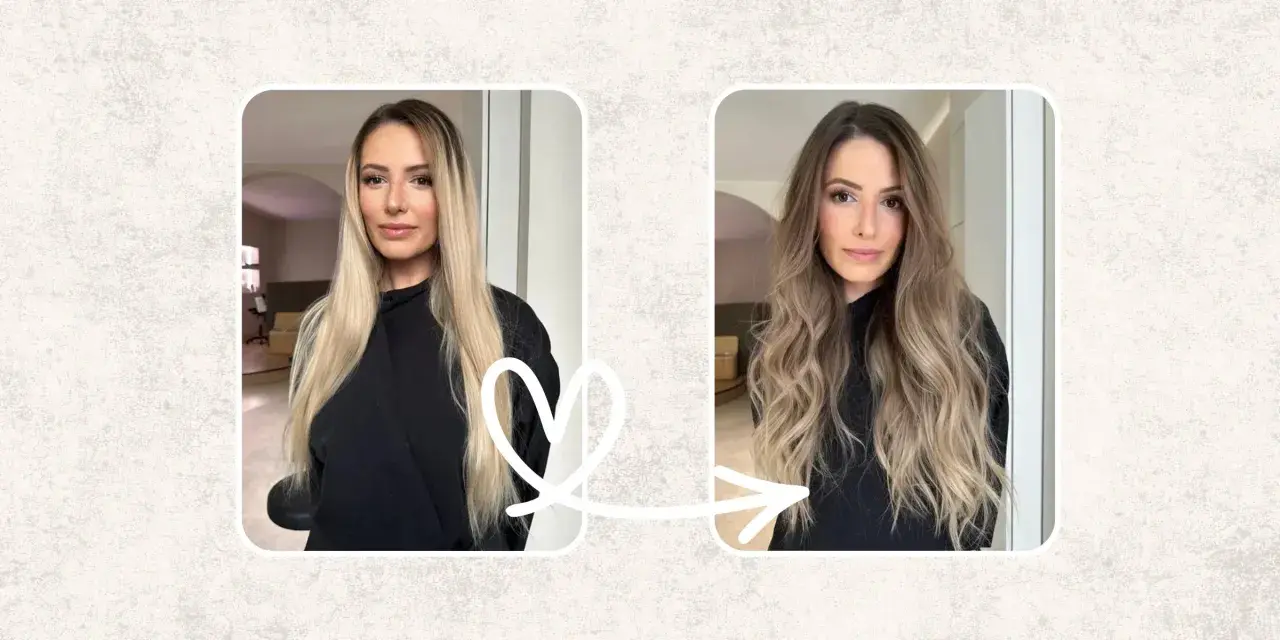 Avant/après : des cheveux blonds lisses transformés en une chevelure ondulée aux reflets subtils grâce à un balayage inversé.