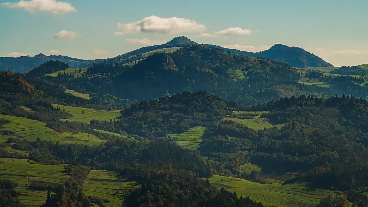 Wysokie Pieniny w jesiennej szacie, zielone pola i lasy tworzą malowniczy krajobraz.