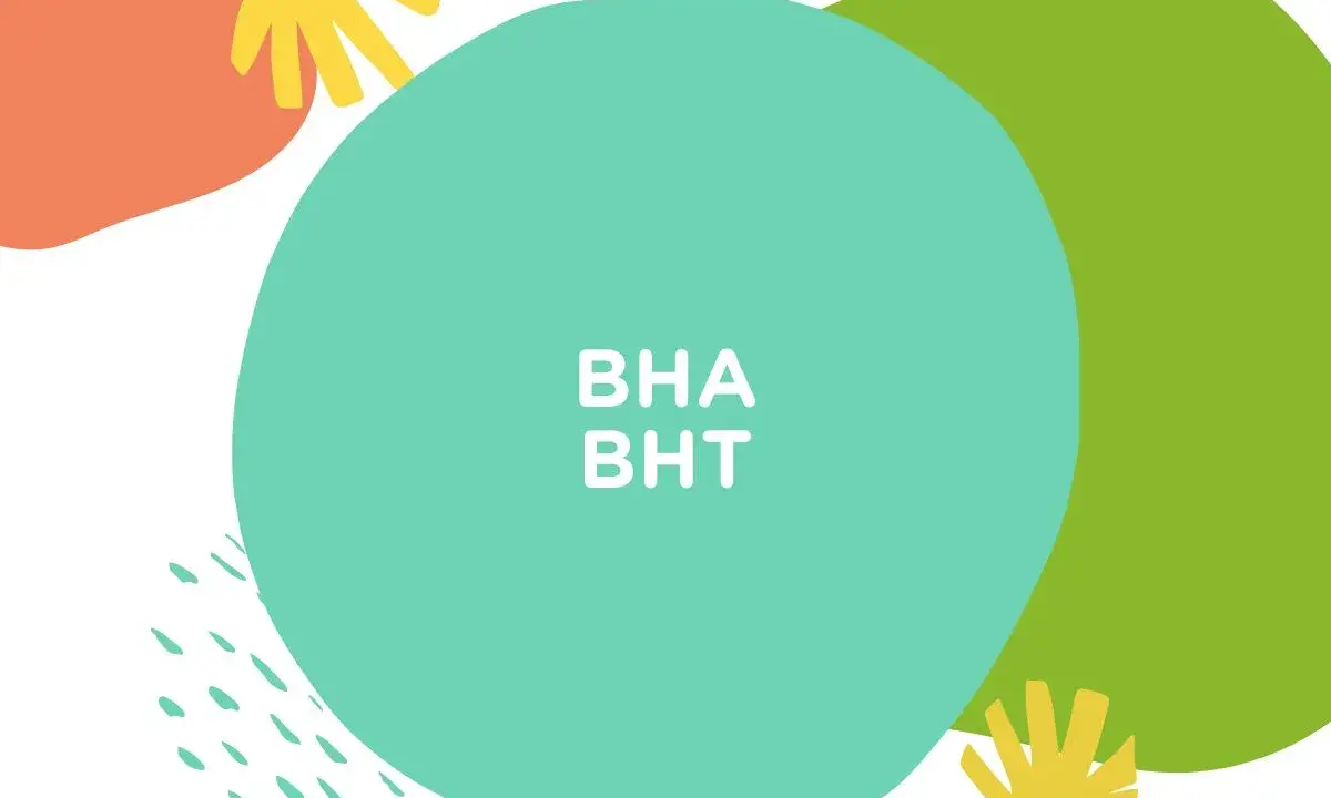 Kolorowe kształty i tekst "BHA BHT" na tle. Składniki kosmetyków, które warto znać.