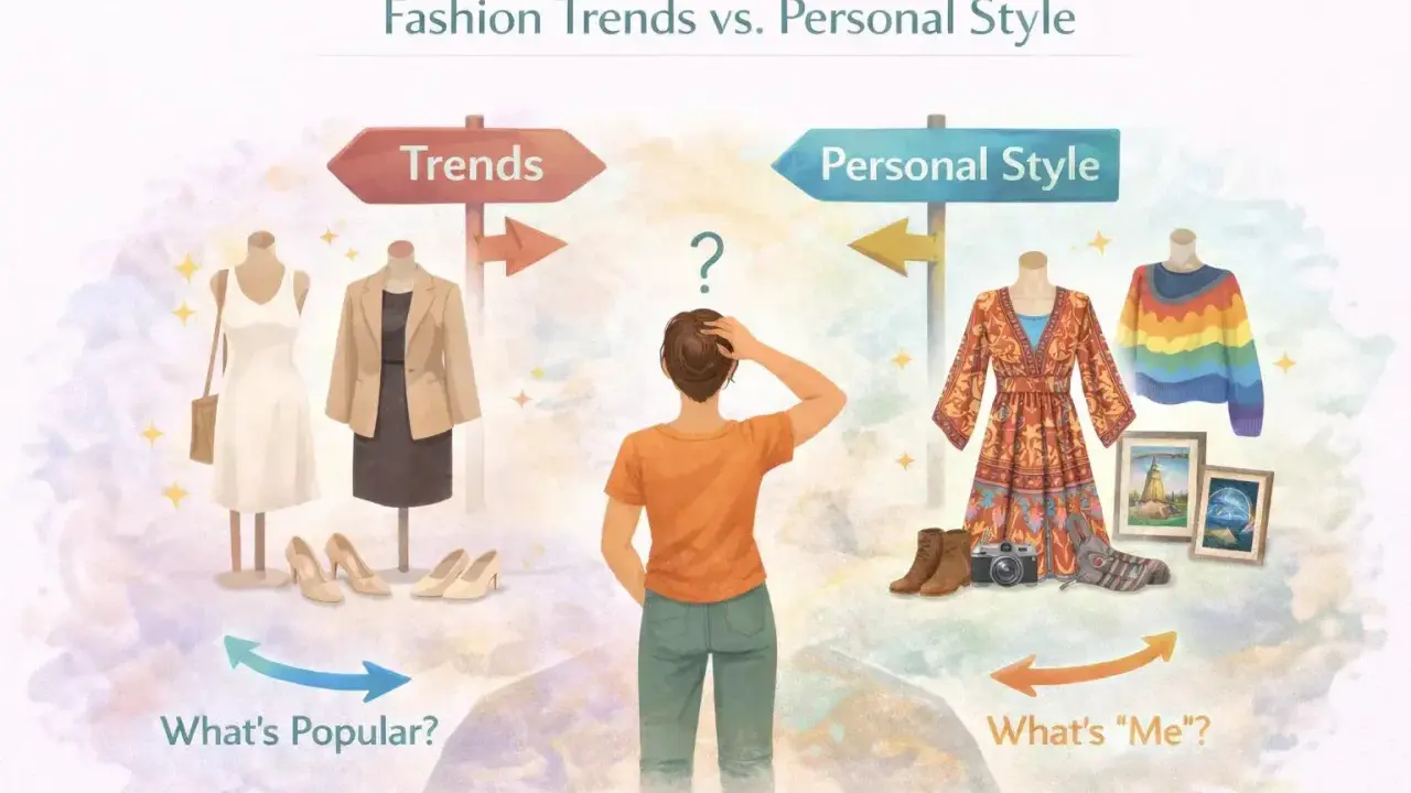 A person ponders how to find your style, choosing between fashion trends and personal style.