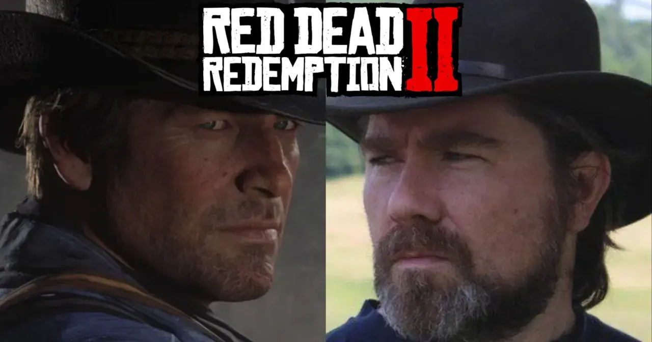 Dwóch mężczyzn w kapeluszach, jeden to Arthur Morgan z gry Red Dead Redemption 2, drugi to jego prawdziwy odpowiednik.