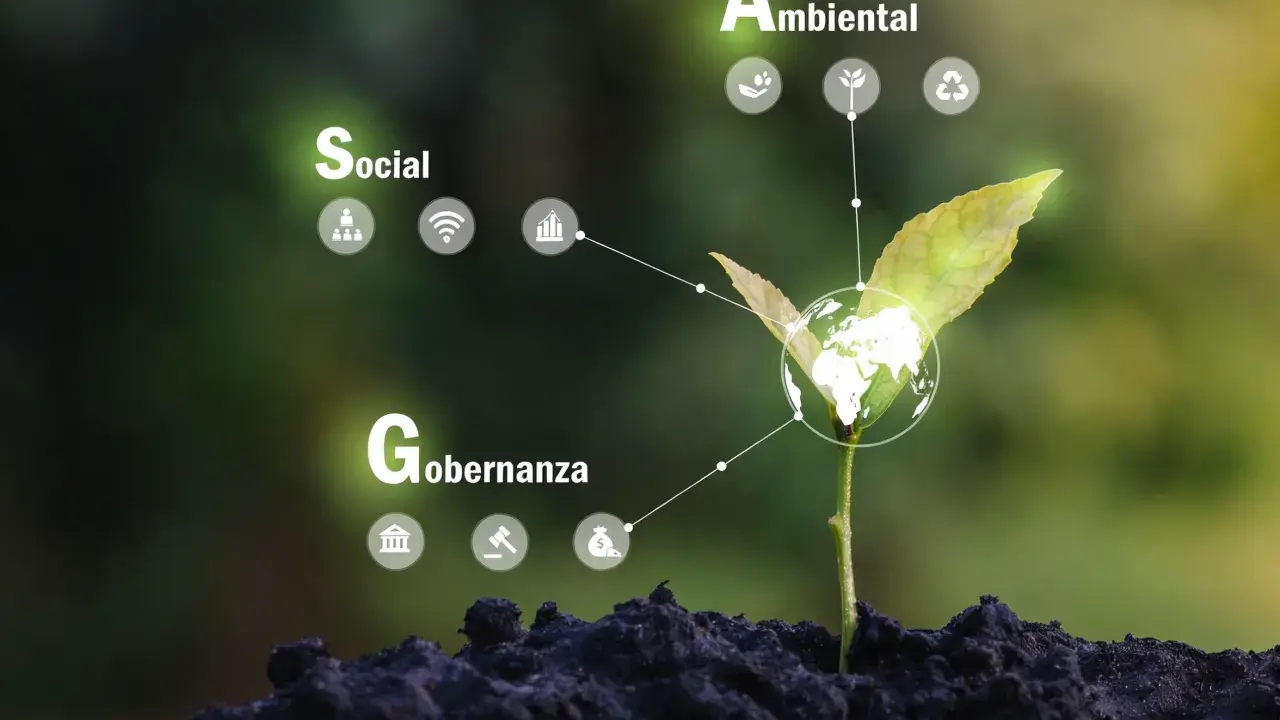 Planta joven con globo terráqueo y conceptos de **inversión ESG**: Social, Ambiental y Gobernanza, simbolizando crecimiento sostenible.