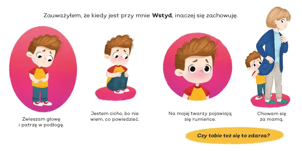 Chłopiec czuje wstyd: spuszcza głowę, milczy, rumieni się, chowa za mamą. Czy tobie też się to zdarza?