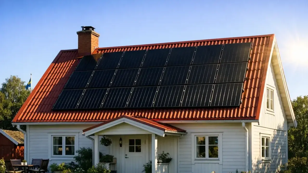 Vitt hus med solpaneler på taket. Ett takfäste med krok håller panelerna stadigt på plats.