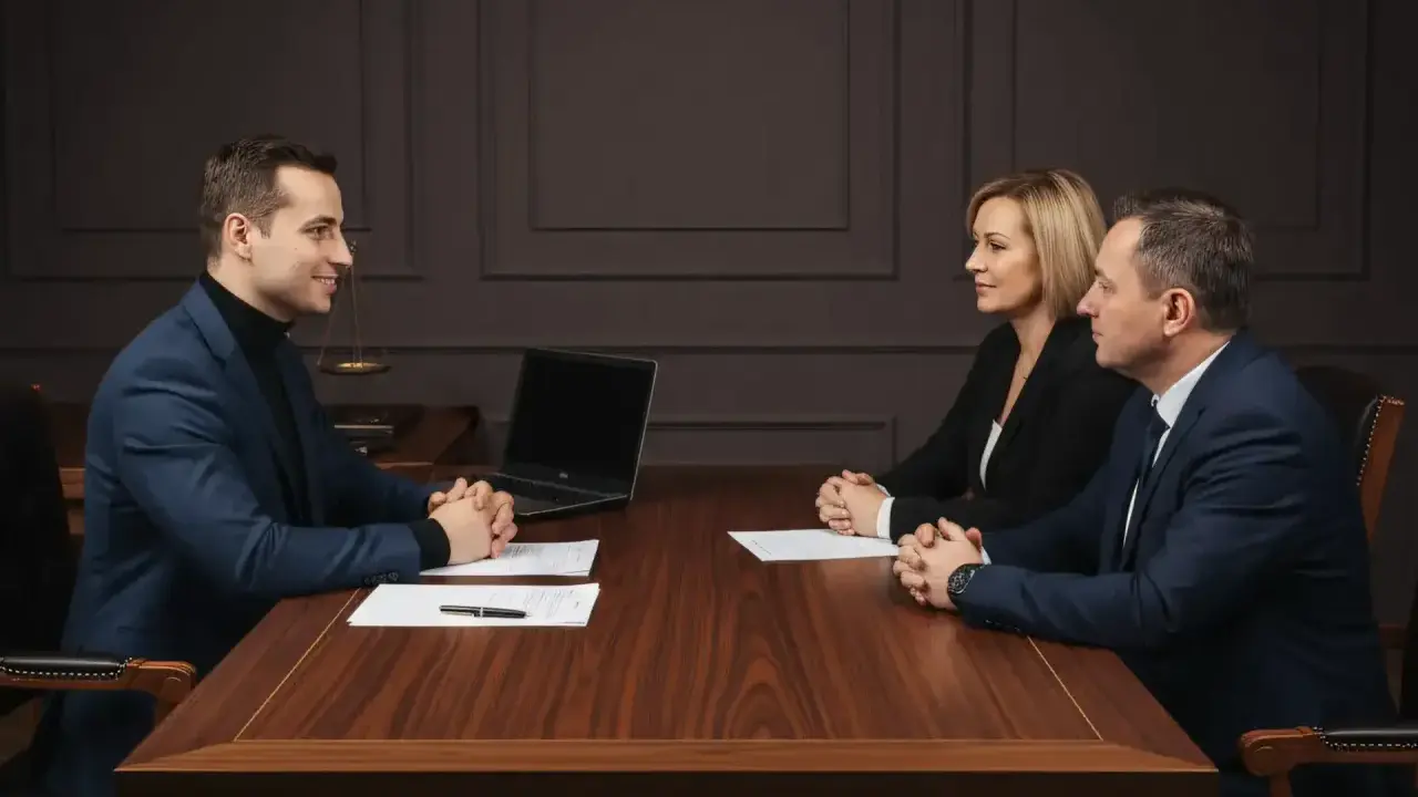 Trzy osoby przy stole dyskutują. Czy to kupujący załatwia notariusza, czy sprzedający?