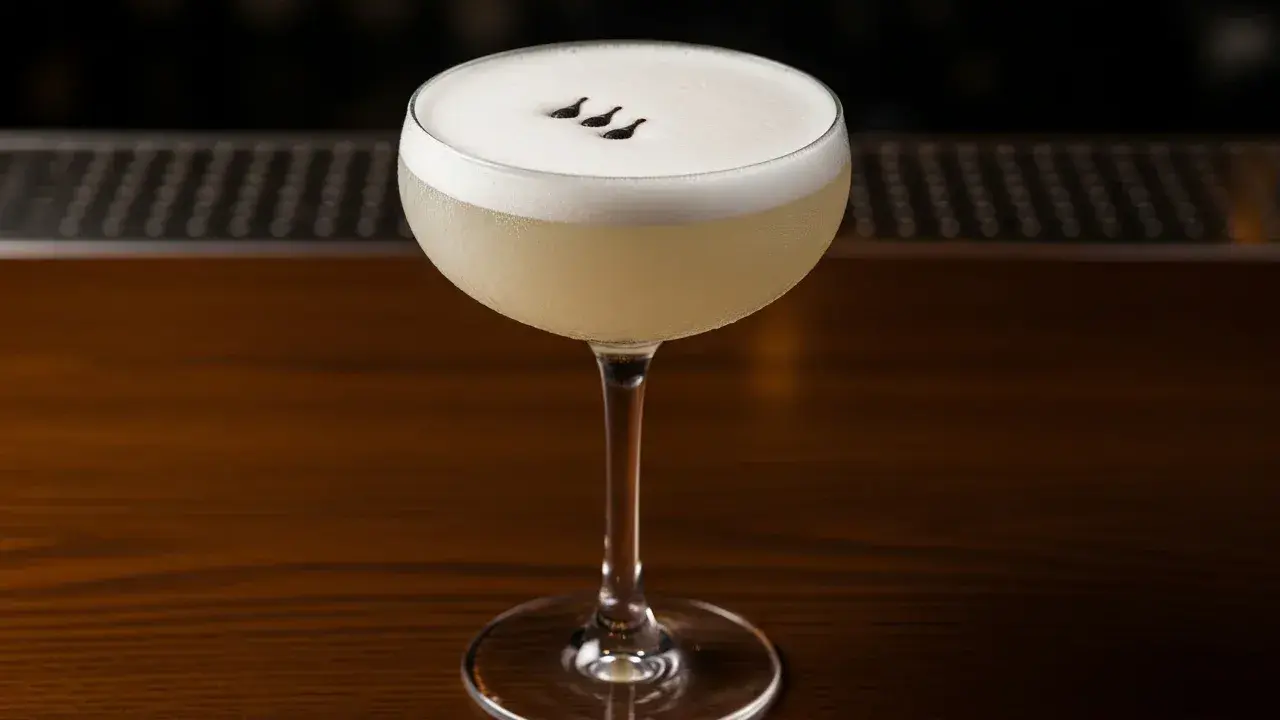 En elegant Pisco Sour med skummig topp och tre små prickar. Perfekt för ett pisco sour recept.