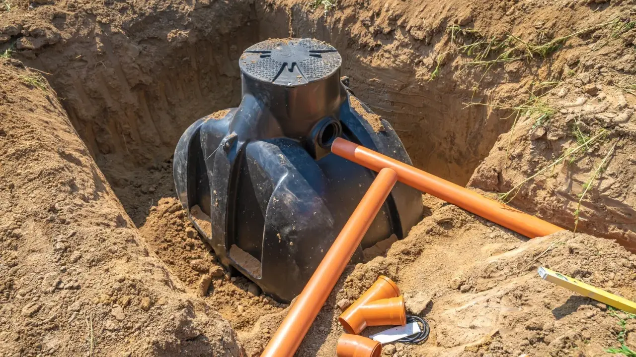 Instalacja szamba w wykopie. Pomarańczowe rury drenarskie i przyłącza czekają na montaż. Trwa praca nad tym, na jakiej głębokości drenaż odwadniający będzie skuteczny.
