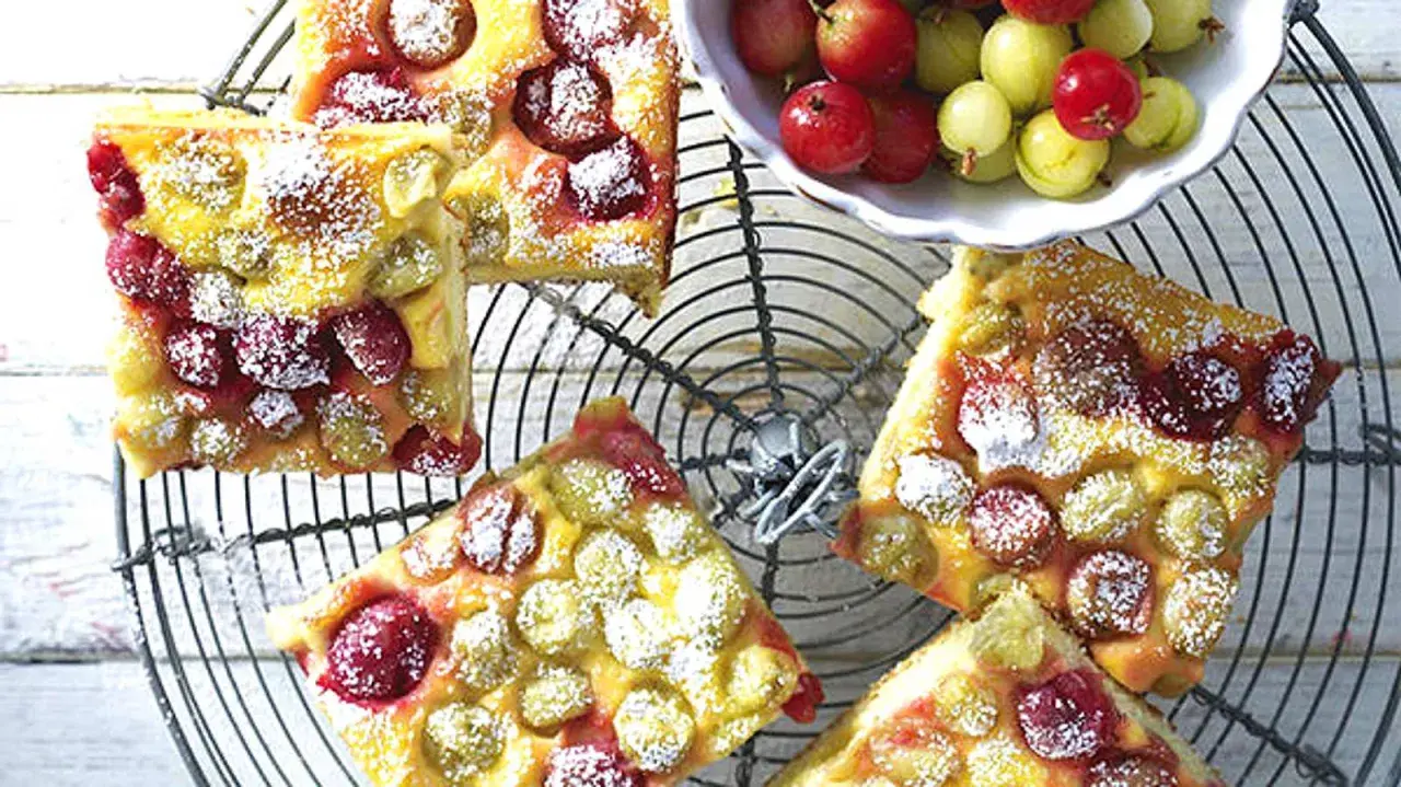 Saftiger Omas Stachelbeerkuchen, bestäubt mit Puderzucker, auf einem Gitter. Daneben eine Schale mit frischen Stachelbeeren.