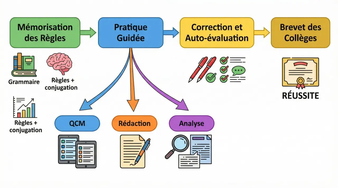 Schéma du parcours d'apprentissage : mémorisation, pratique guidée (QCM, rédaction, analyse), correction, auto-évaluation, et succès au Brevet des Collèges. Le bon timing est essentiel.