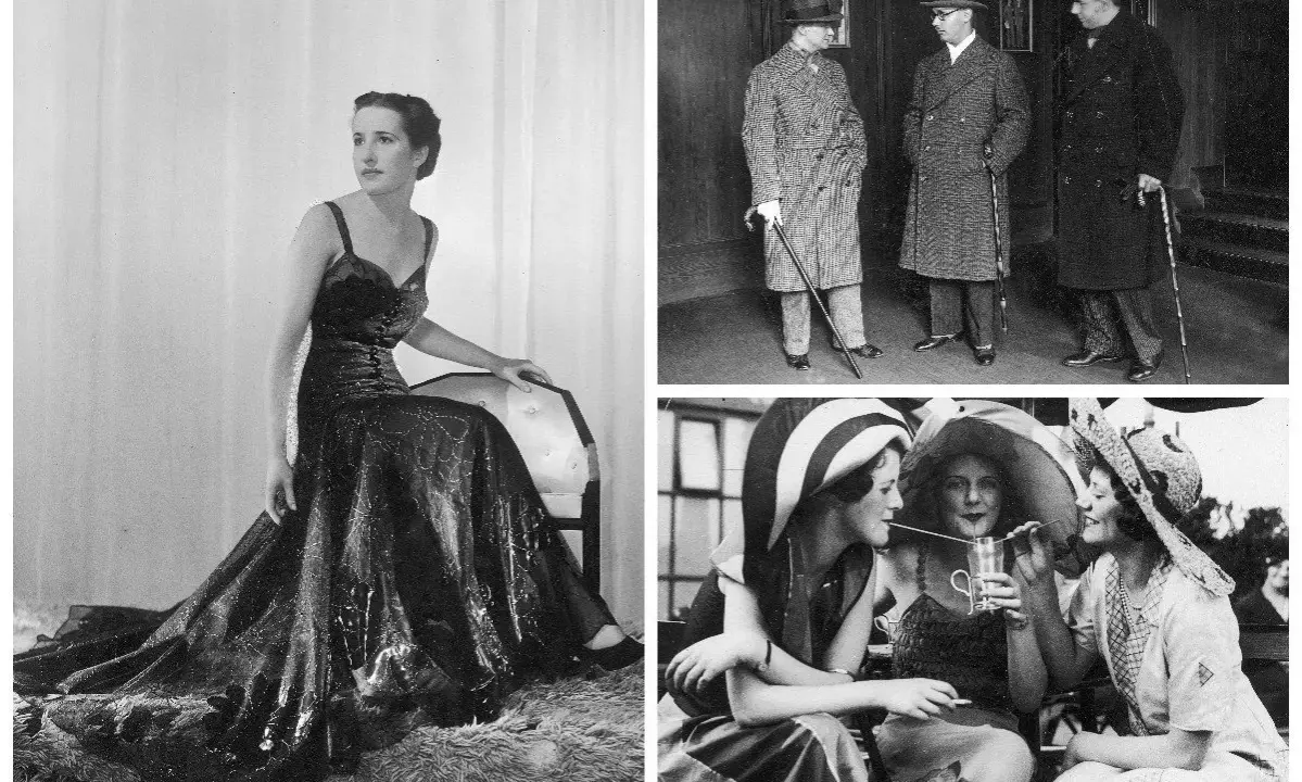 Elegancka kobieta w sukni balowej, trzej panowie w płaszczach i panie w kapeluszach – to wszystko uosabia modę lat 30.