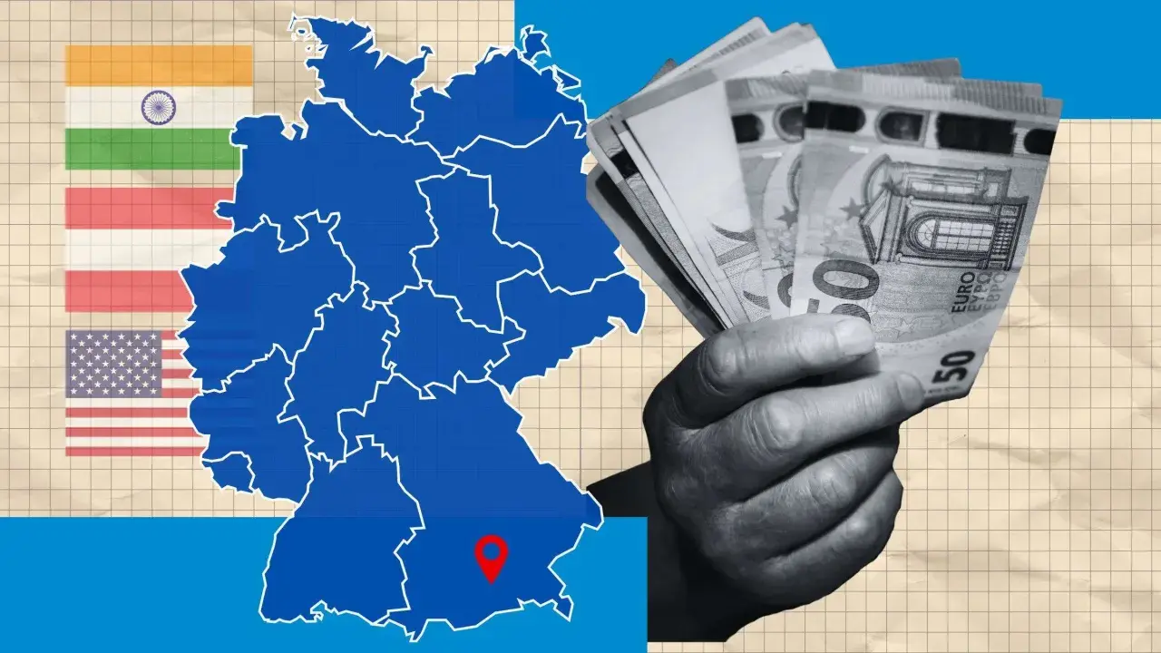 Deutschlandkarte mit Flaggen von Indien, Österreich und den USA. Eine Hand hält Euro-Scheine, symbolisch für das Leben ohne Geld.
