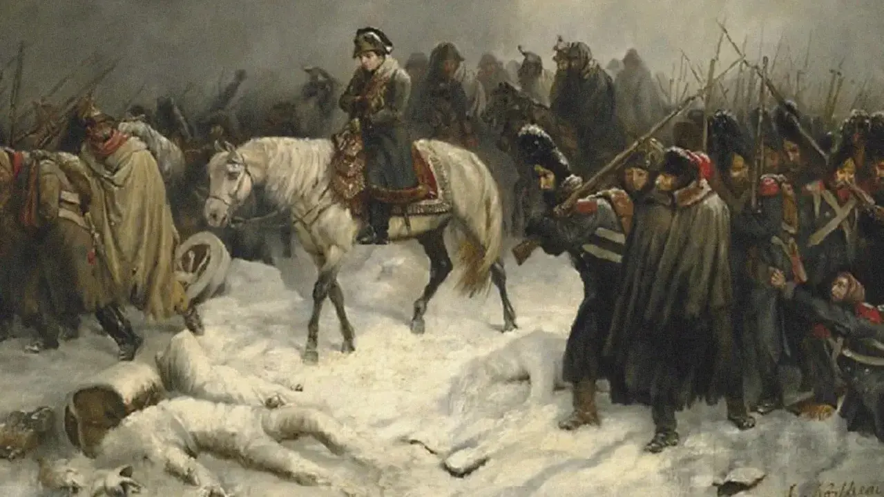 Napoleon in Deutschland: Soldaten im Schnee, ein Reiter auf einem weißen Pferd, im Hintergrund eine marschierende Armee.