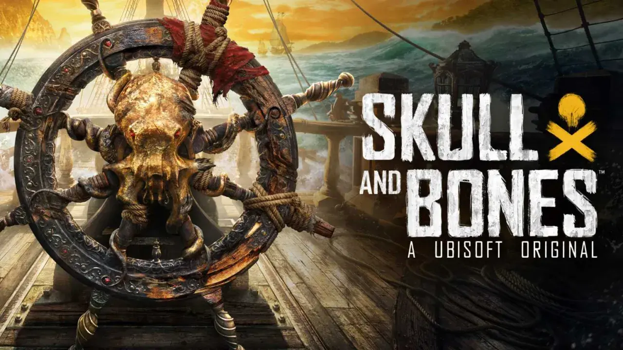 Koło sterowe z czaszką i kośćmi, w tle sztormowe morze i żaglowce. Tytuł gry "Skull and Bones".