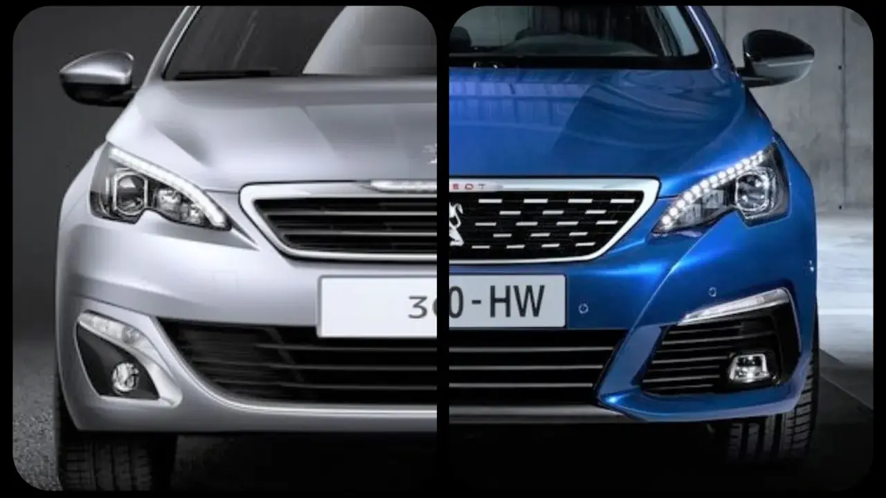 Comparaison de deux Peugeot 308, une argentée et une bleue. Le design moderne des phares et de la calandre suscite un feeling 326 avis positifs.