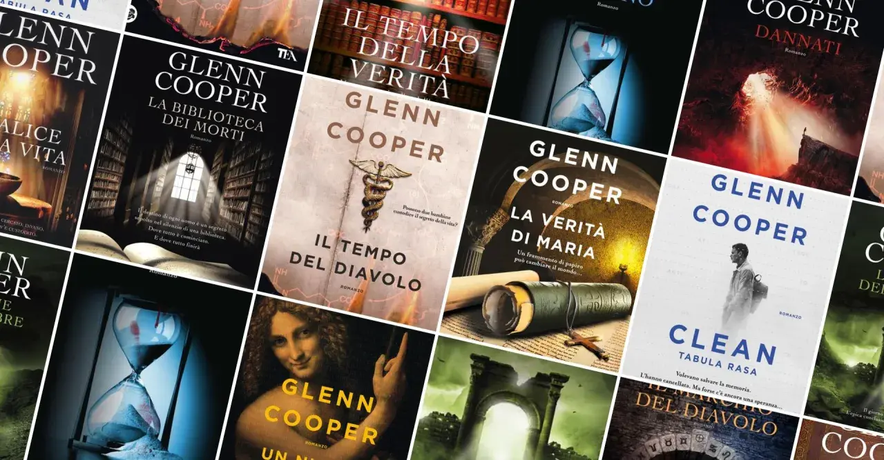Copertine di libri di Glenn Cooper in ordine cronologico: "La biblioteca dei morti", "Il tempo del diavolo", "La verità di Maria", "Clean Tabula Rasa", "Dannati".