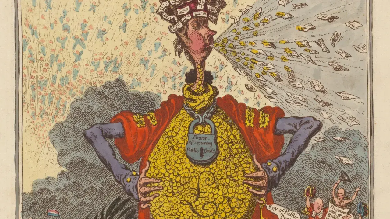 A satirical cartoon, one of many funny famous paintings, depicts a figure spewing coins and banknotes, his body a vault of gold, chained with "Public Credit.