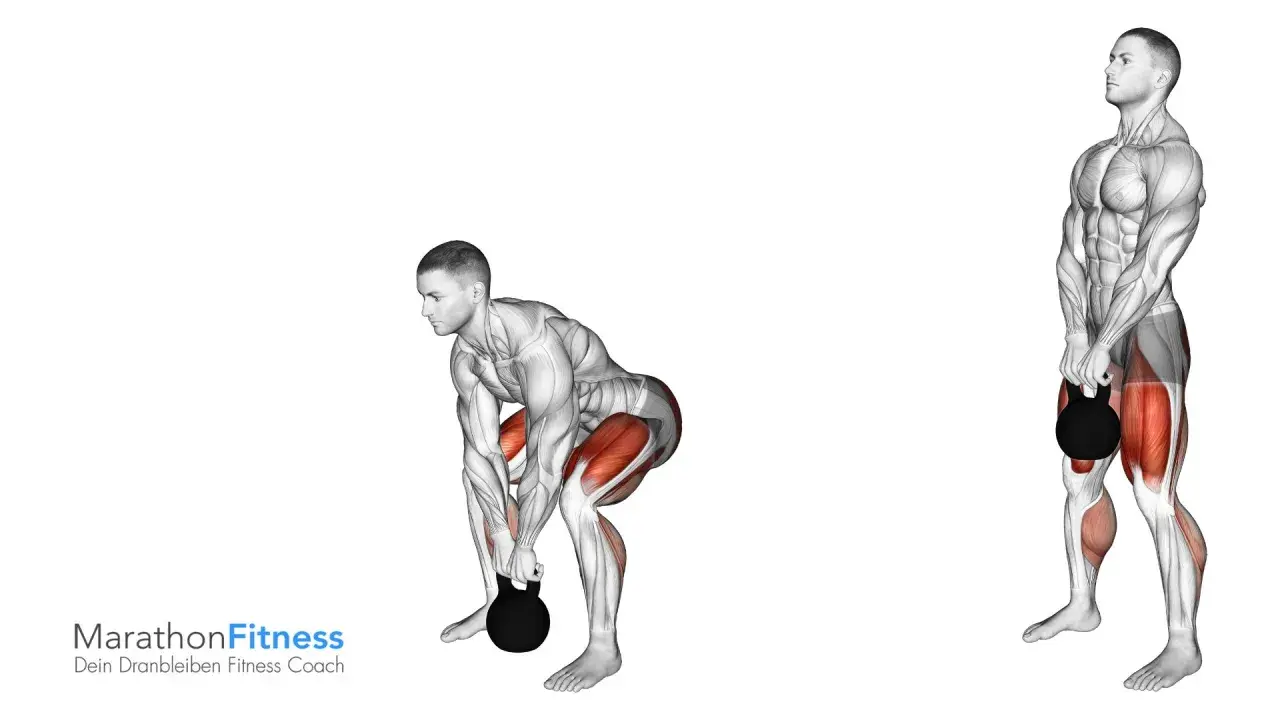 Mann hebt Kettlebell vom Boden. Übung: Kettlebell Deadlift.