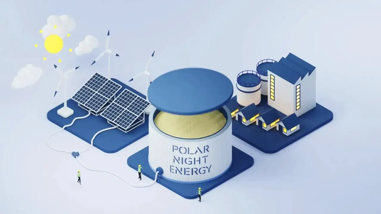 Bateria piaskowa "Polar Night Energy" zasilana przez wiatr i słońce, dostarcza energię do domów i fabryki.
