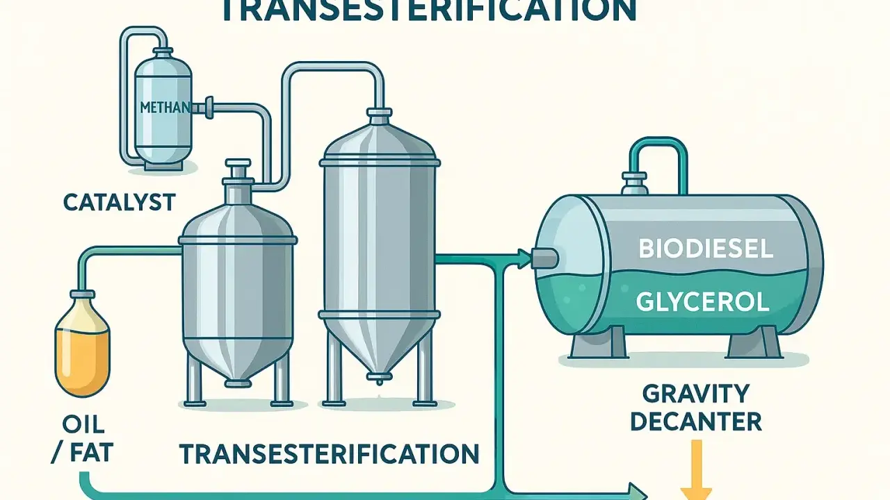 Schéma de transestérification montrant comment convertir du diesel en biodiesel à partir d'huile/graisse, de méthanol et d'un catalyseur.