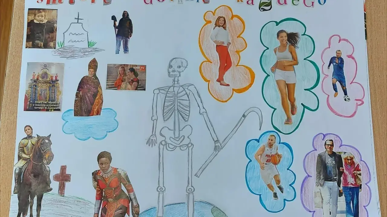 Szkielet z kosą, symbol danse macabre, otoczony ludźmi w różnym wieku i zawodach, od rycerza po sportowców i starszą parę.