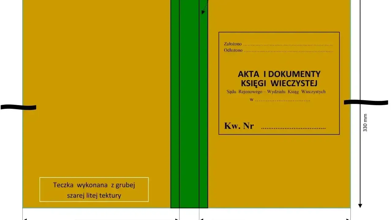 Projekt teczki na akta księgi wieczystej. Wymiary 230x330 mm, grzbiet 35 mm. Informacja o tym, ile trwa założenie księgi wieczystej, jest kluczowa dla zrozumienia procesu.