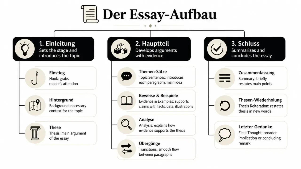 Schema zum Aufbau eines Essays: Einleitung, Hauptteil mit Analyse, Schluss. Hilft beim Analyse schreiben Englisch.
