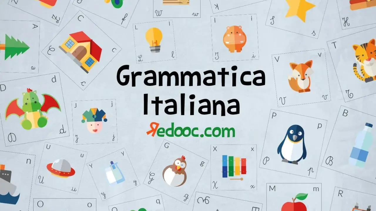 Immagine con carte illustrate per imparare l'italiano, perfette per giochi grammaticali online. Alfabeto, animali e oggetti per divertirsi studiando.