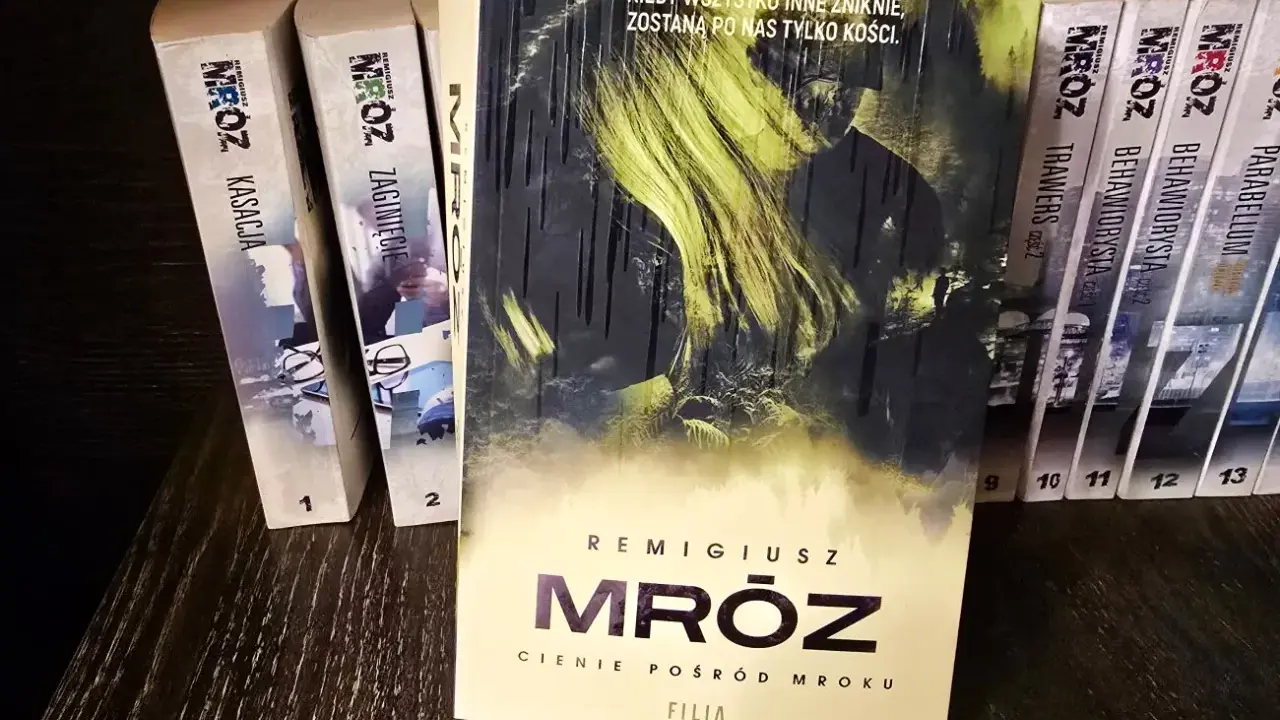 Książka "Cienie pośród mroku" Remigiusza Mróza, tom 6 z serii, obok innych tytułów autora.