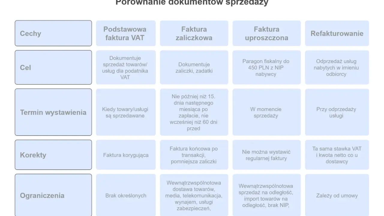 Tabela porównuje dokumenty sprzedaży, uwzględniając cel, termin wystawienia i ograniczenia, co wpływa na **datę powstania obowiązku podatkowego**.