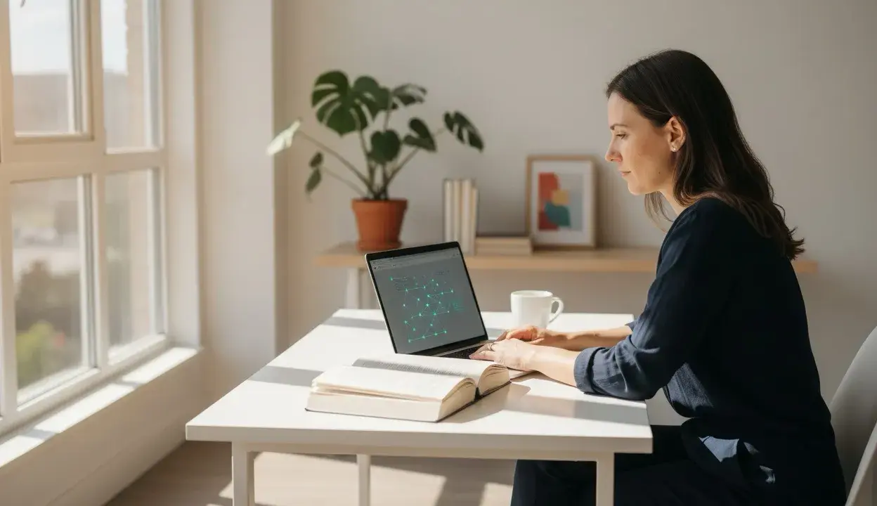 Kobieta pracuje przy laptopie, na ekranie schemat. Obok otwarta książka i kubek. Zastanawia się, studia podyplomowe co to?
