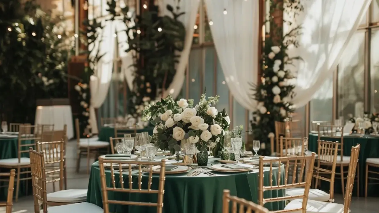 Tables dressées de vert profond, couleur du renouveau, ornées de roses blanches. Chaises dorées et lumières douces créent une ambiance festive.