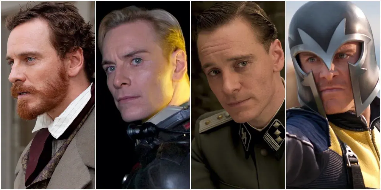 Michael Fassbender i olika roller: en man med rött skägg, en futuristisk karaktär, en militär och Magneto.