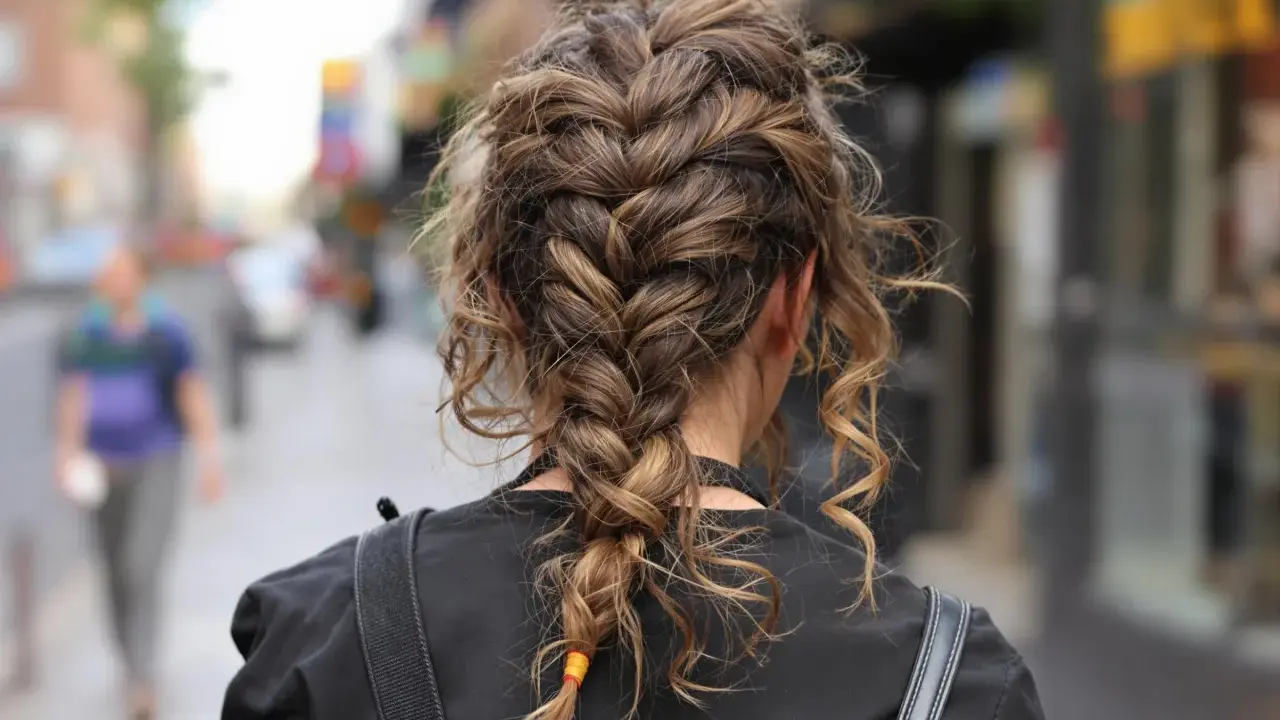 Eine halboffen hochsteckfrisur mit geflochtenen Strähnen und einzelnen locken, die lässig herabhängen.